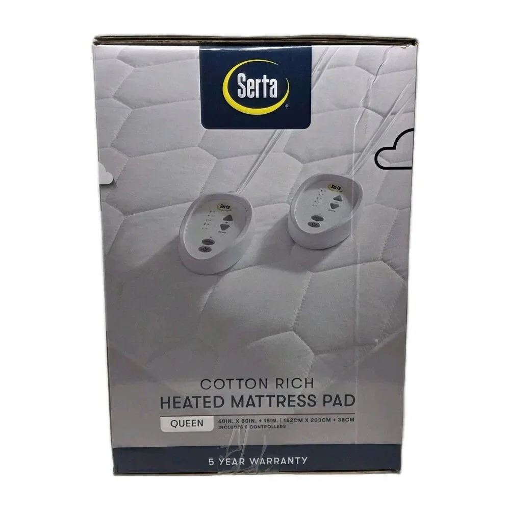 Serta Cotton Rich Queen Heated Mattress Pad Deep Fit, 5 Settings + 2 Controllers